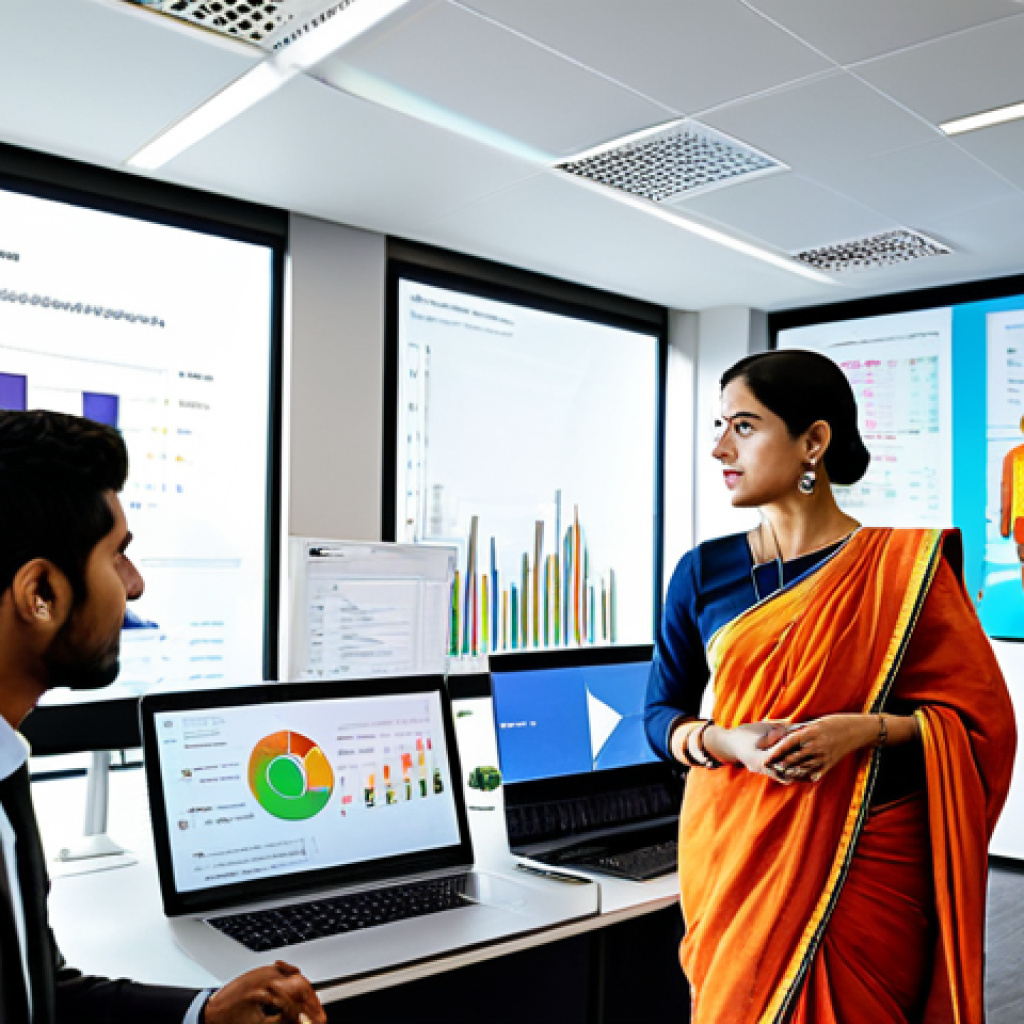 **
"A professional meeting in a modern office space with diverse individuals collaborating. Businesswoman in a modest sari presenting data analytics findings on a screen. Fully clothed, appropriate attire, safe for work, professional environment, perfect anatomy, natural proportions, bright and vibrant colors, high quality."
**