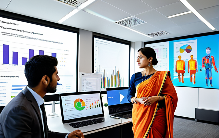 **
"A professional meeting in a modern office space with diverse individuals collaborating. Businesswoman in a modest sari presenting data analytics findings on a screen. Fully clothed, appropriate attire, safe for work, professional environment, perfect anatomy, natural proportions, bright and vibrant colors, high quality."
**
