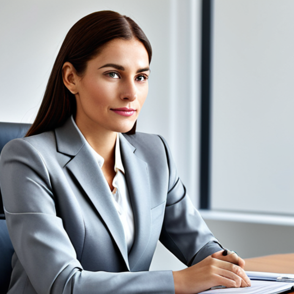 **

A professional businesswoman in a modest business suit, sitting at a desk in a modern office, fully clothed, appropriate attire, safe for work, perfect anatomy, natural proportions, professional photography, high quality.

**
