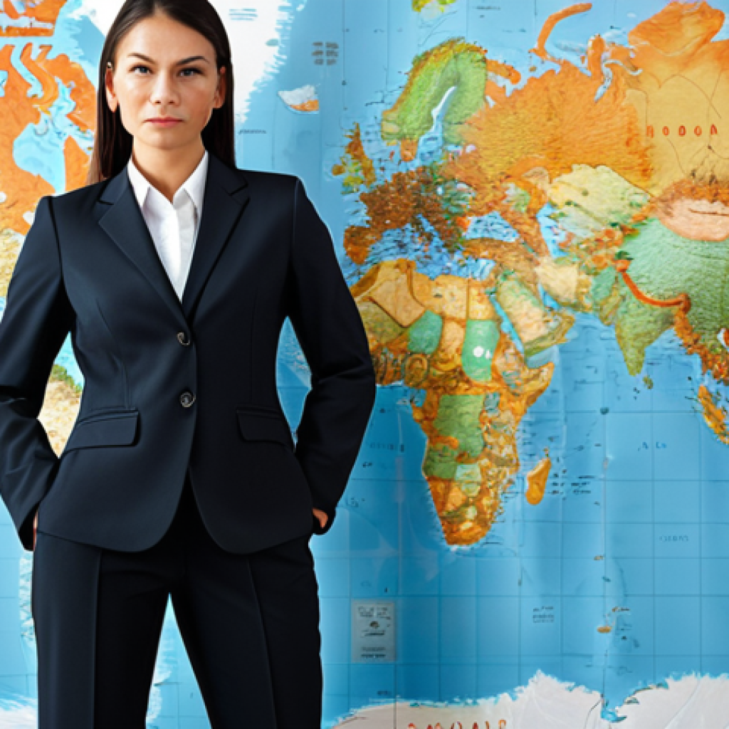 **

"A confident, professional woman in a tailored business suit, standing in front of a world map highlighting trade routes, fully clothed, appropriate attire, safe for work, perfect anatomy, correct proportions, global business concept, modern office environment, professional lighting."

**