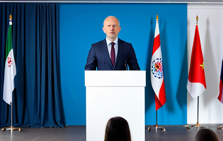 국제비즈니스 필수 협상 스킬 향상법 - একজন আত্মবিশ্বাসী ব্যবসায়ী একটি আন্তর্জাতিক সম্মেলনে বক্তৃতা দিচ্ছেন, যেখানে বিভিন্ন দেশের পতাকা দেখ...