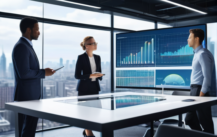 국제비즈니스 시장 동향 이해하기 - **Prompt:** A dynamic, brightly lit office environment featuring a diverse group of professionals (m...