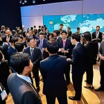 국제비즈니스 자격증 합격 후 커리어 관리 - **International Business Networking Event**
A vibrant, high-angle, eye-level shot of a diverse g...